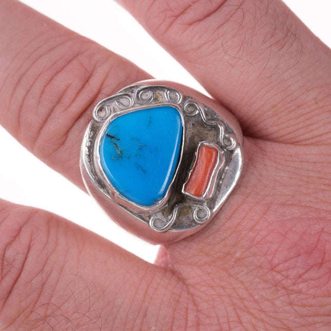 Sz12.5 Vintage Native American Sterling, turquoise, and coral ring - Estate Fresh Austin