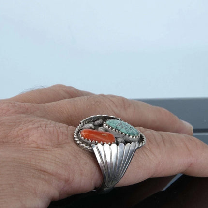 sz12.5 Vintage Navajo Sterling turquoise and coral men's ring - Estate Fresh Austin