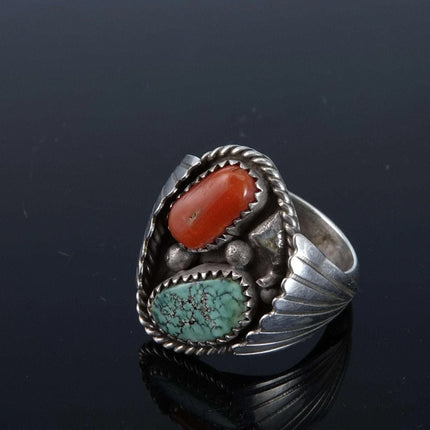 sz12.5 Vintage Navajo Sterling turquoise and coral men's ring - Estate Fresh Austin