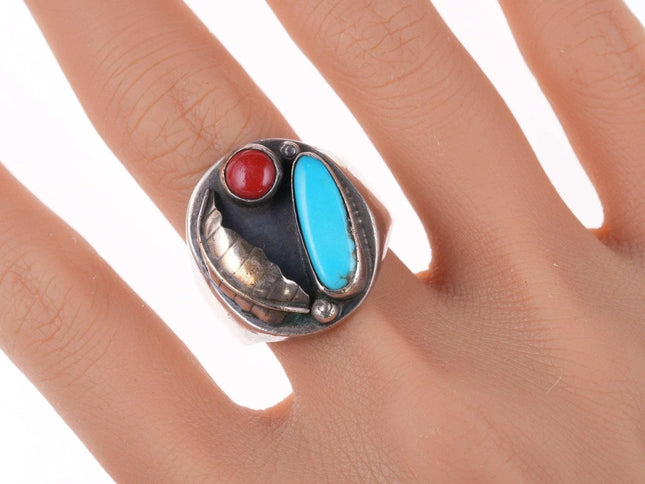 sz12.5 Vintage Navajo Sterling - Turquoise and coral ring - Estate Fresh Austin