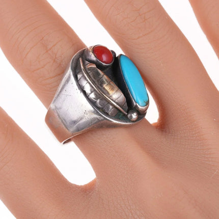 sz12.5 Vintage Navajo Sterling - Turquoise and coral ring - Estate Fresh Austin