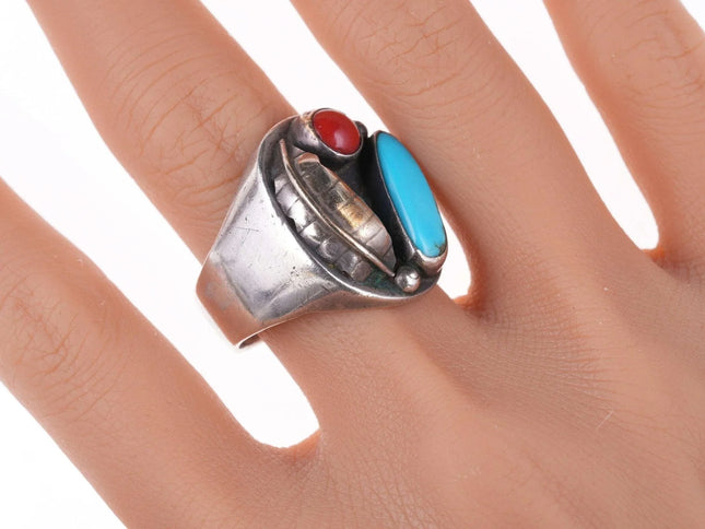 sz12.5 Vintage Navajo Sterling - Turquoise and coral ring - Estate Fresh Austin