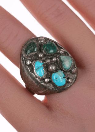 sz13 Large Robert Shakey Navajo silver and turquoise cluster ring - Estate Fresh Austin