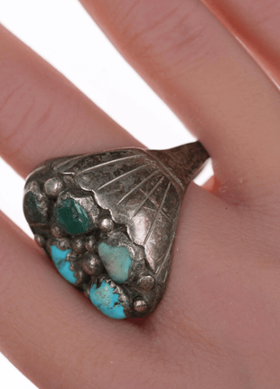 sz13 Large Robert Shakey Navajo silver and turquoise cluster ring - Estate Fresh Austin