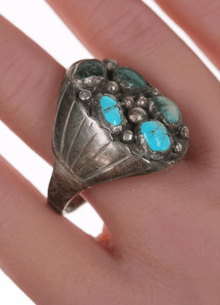 sz13 Large Robert Shakey Navajo silver and turquoise cluster ring - Estate Fresh Austin