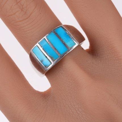sz13 Vintage Zuni Silver Turquoise channel inlay ring - Estate Fresh Austin