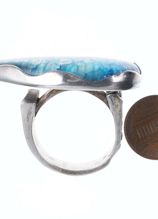 sz13.5 freeform sterling ring with blue crystal - Estate Fresh Austin