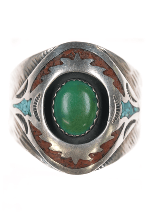 sz13.5 MD Native American sterling green turquoise, chip inlay ring - Estate Fresh Austin