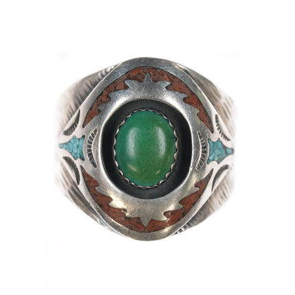 sz13.5 MD Native American sterling green turquoise, chip inlay ring - Estate Fresh Austin