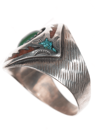 sz13.5 MD Native American sterling green turquoise, chip inlay ring - Estate Fresh Austin