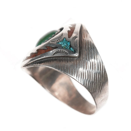 sz13.5 MD Native American sterling green turquoise, chip inlay ring - Estate Fresh Austin