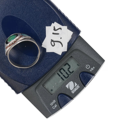 sz13.5 MD Native American sterling green turquoise, chip inlay ring - Estate Fresh Austin