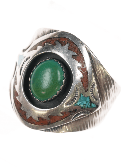 sz13.5 MD Native American sterling green turquoise, chip inlay ring - Estate Fresh Austin