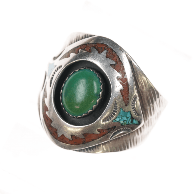 sz13.5 MD Native American sterling green turquoise, chip inlay ring - Estate Fresh Austin