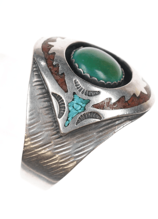 sz13.5 MD Native American sterling green turquoise, chip inlay ring - Estate Fresh Austin