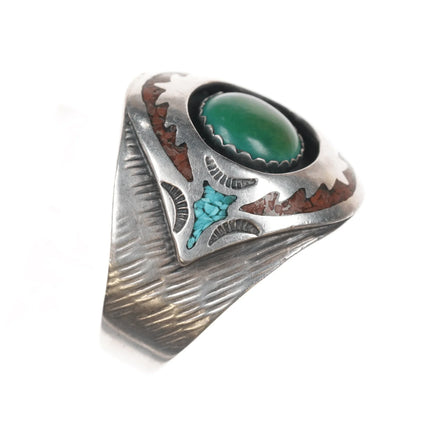 sz13.5 MD Native American sterling green turquoise, chip inlay ring - Estate Fresh Austin
