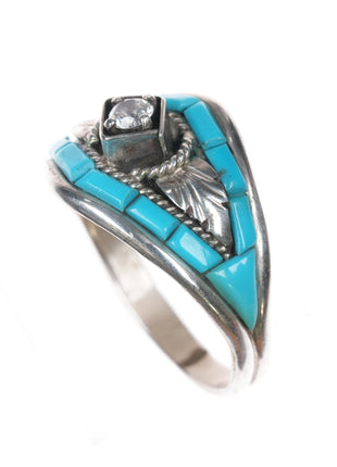 sz16 Silver Ray Navajo sterling turquoise inlay cz ring - Estate Fresh Austin