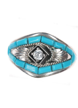 sz16 Silver Ray Navajo sterling turquoise inlay cz ring - Estate Fresh Austin