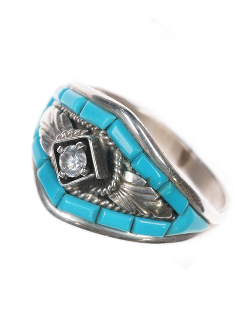 sz16 Silver Ray Navajo sterling turquoise inlay cz ring - Estate Fresh Austin