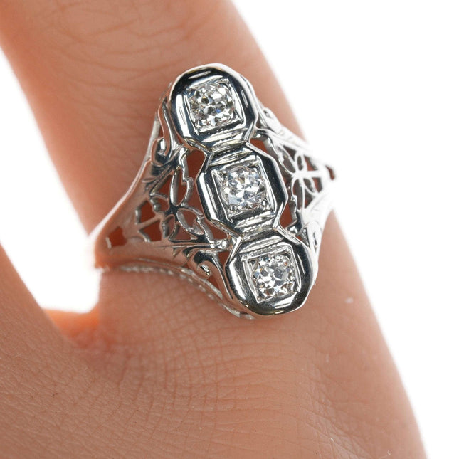 sz4 Antique Diamond 18k White gold filigree ring - Estate Fresh Austin