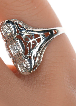 sz4 Antique Diamond 18k White gold filigree ring - Estate Fresh Austin