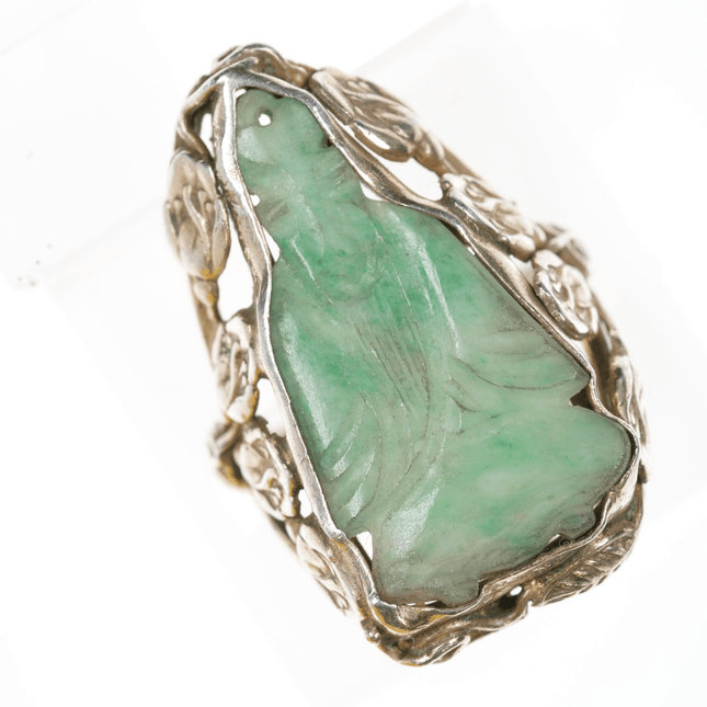 sz4.25 Antique Chinese carved Jade ring mounted in silver - Estate Fresh Austin