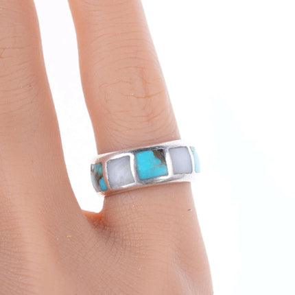 sz4.5 Vintage Zuni Sterling, turquoise, and shell channel inlay ring - Estate Fresh Austin