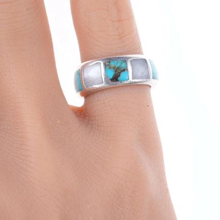 sz4.5 Vintage Zuni Sterling, turquoise, and shell channel inlay ring - Estate Fresh Austin