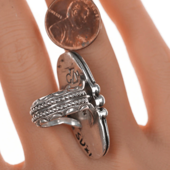 sz4.75 Gibson Nez (1947-2007) Jicarilla Apache and Navajo Mediterranean coral silver ring - Estate Fresh Austin