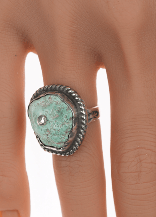 sz5 Chief Wolf Robe Hunt (1905 - 1977) Acoma silver, turquoise nugget ring - Estate Fresh Austin