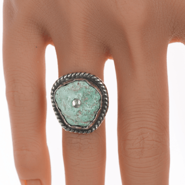 sz5 Chief Wolf Robe Hunt (1905 - 1977) Acoma silver, turquoise nugget ring - Estate Fresh Austin