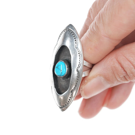 sz5 Vintage Native American silver and turquoise shadowbox ring with stampings - Estate Fresh Austin