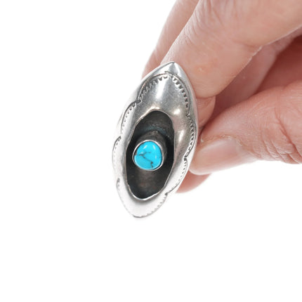 sz5 Vintage Native American silver and turquoise shadowbox ring with stampings - Estate Fresh Austin