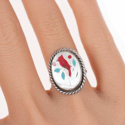 sz5 Vintage Zuni sterling redbird inlay ring - Estate Fresh Austin