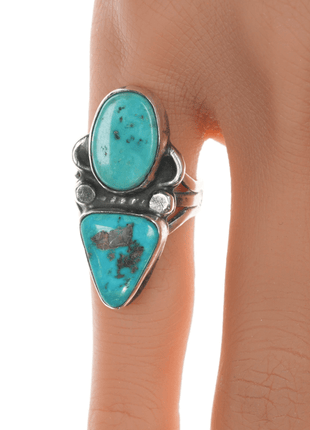 sz5.25 Chief Wolf Robe Hunt (1905 - 1977) Acoma silver double turquoise ring - Estate Fresh Austin