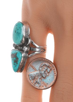 sz5.25 Chief Wolf Robe Hunt (1905 - 1977) Acoma silver double turquoise ring - Estate Fresh Austin