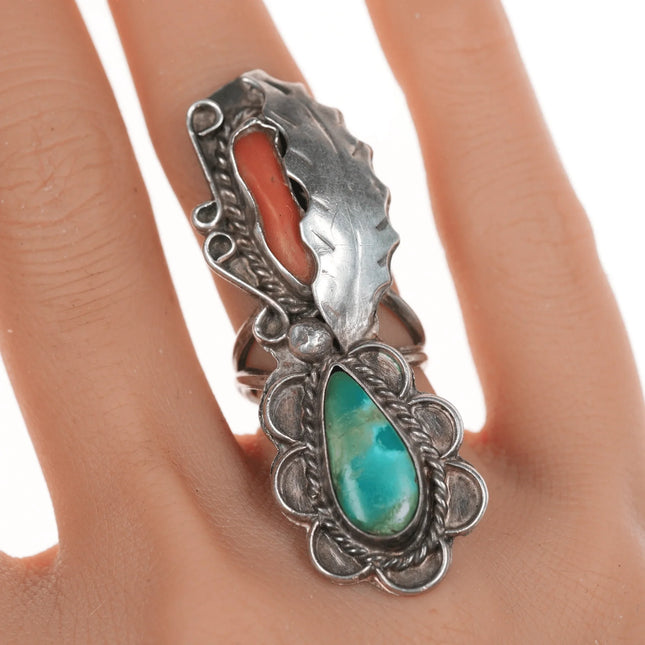 sz5.5 Vintage Native American silver, turquoise, and coral long ring - Estate Fresh Austin