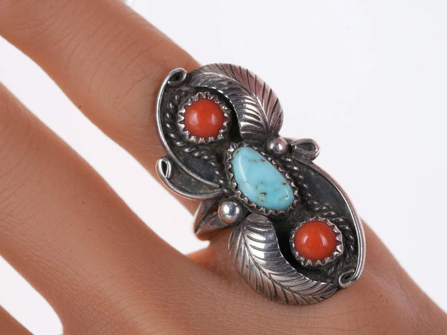 sz5.5 Vintage Reeves Navajo Sterling coral and turquoise ring - Estate Fresh Austin