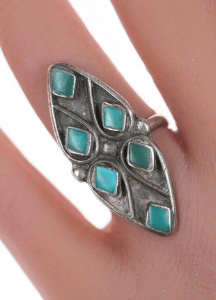 sz5.5 Zuni silver and turquoise flush inlay long ring - Estate Fresh Austin