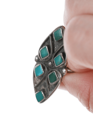 sz5.5 Zuni silver and turquoise flush inlay long ring - Estate Fresh Austin