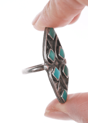 sz5.5 Zuni silver and turquoise flush inlay long ring - Estate Fresh Austin