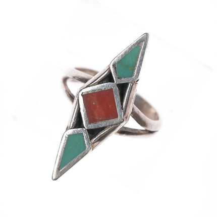 sz5.5 Zuni silver, turquoise and coral channel inlay ring - Estate Fresh Austin
