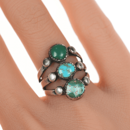 sz6 20's - 30's Navajo silver ring with 3 turquoise stones - Estate Fresh Austin