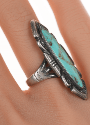 sz6 Bell Trading Post Long silver and turquoise ring - Estate Fresh Austin