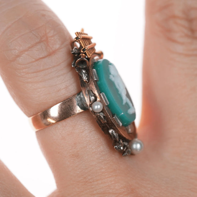 sz6 c1880 Antique 14k Green Hardstone cameo ring - Estate Fresh Austin