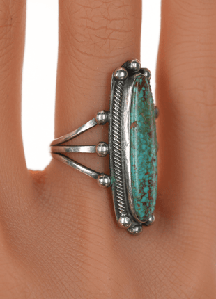 sz6 c1930's #8 Turquoise Navajo long silver ring - Estate Fresh Austin