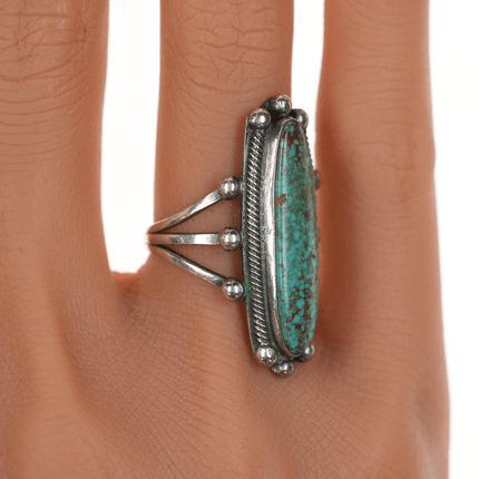 sz6 c1930's #8 Turquoise Navajo long silver ring - Estate Fresh Austin