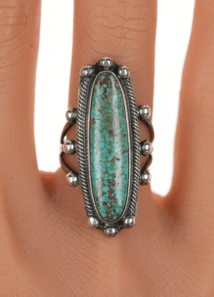 sz6 c1930's #8 Turquoise Navajo long silver ring - Estate Fresh Austin