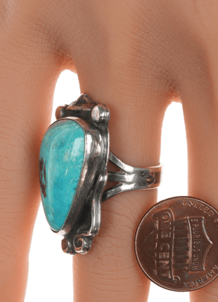 sz6 Chief Wolf Robe Hunt (1905 - 1977) Acoma silver and pear shaped turquoise ring - Estate Fresh Austin