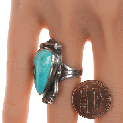 sz6 Chief Wolf Robe Hunt (1905 - 1977) Acoma silver and pear shaped turquoise ring - Estate Fresh Austin